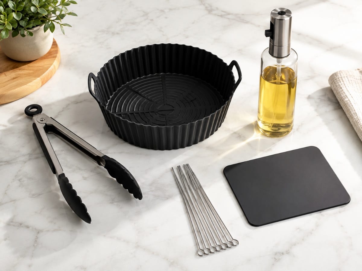 best air fryer accessories flat lay including silicone liner, tongs, and oil sprayer