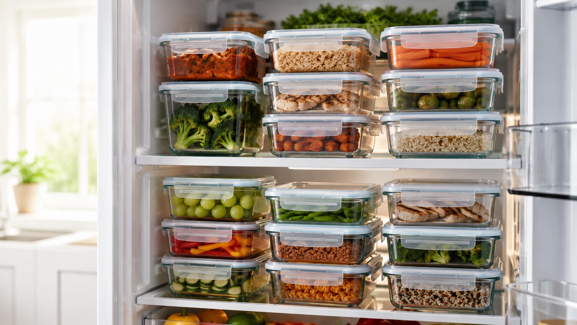 Dealusy glass containers stacked and organized in refrigerator