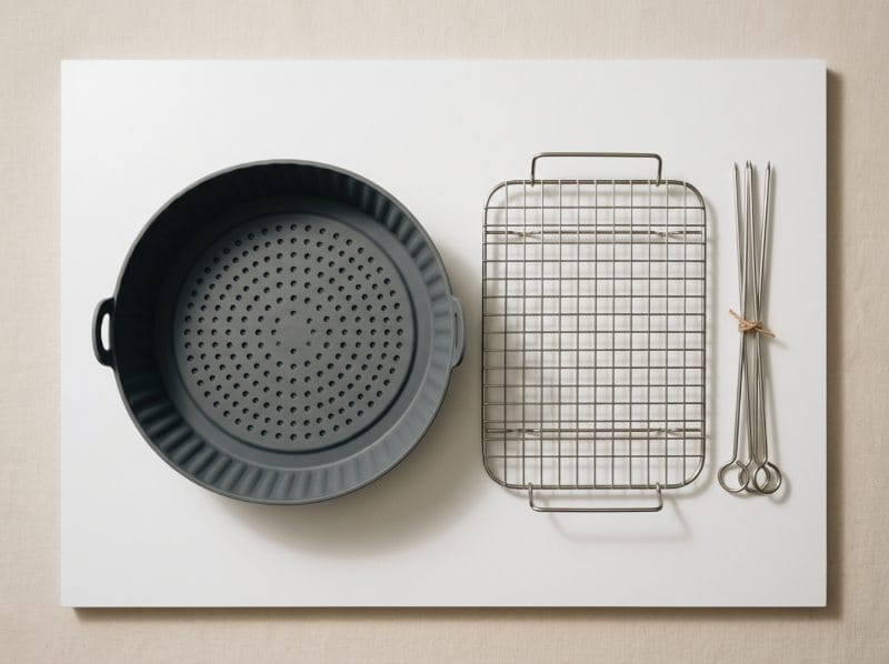 Air fryer accessories including racks and liners arranged neatly