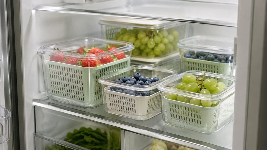 Fruit storage containers with colander filled with fresh berries and produce in a modern fridge