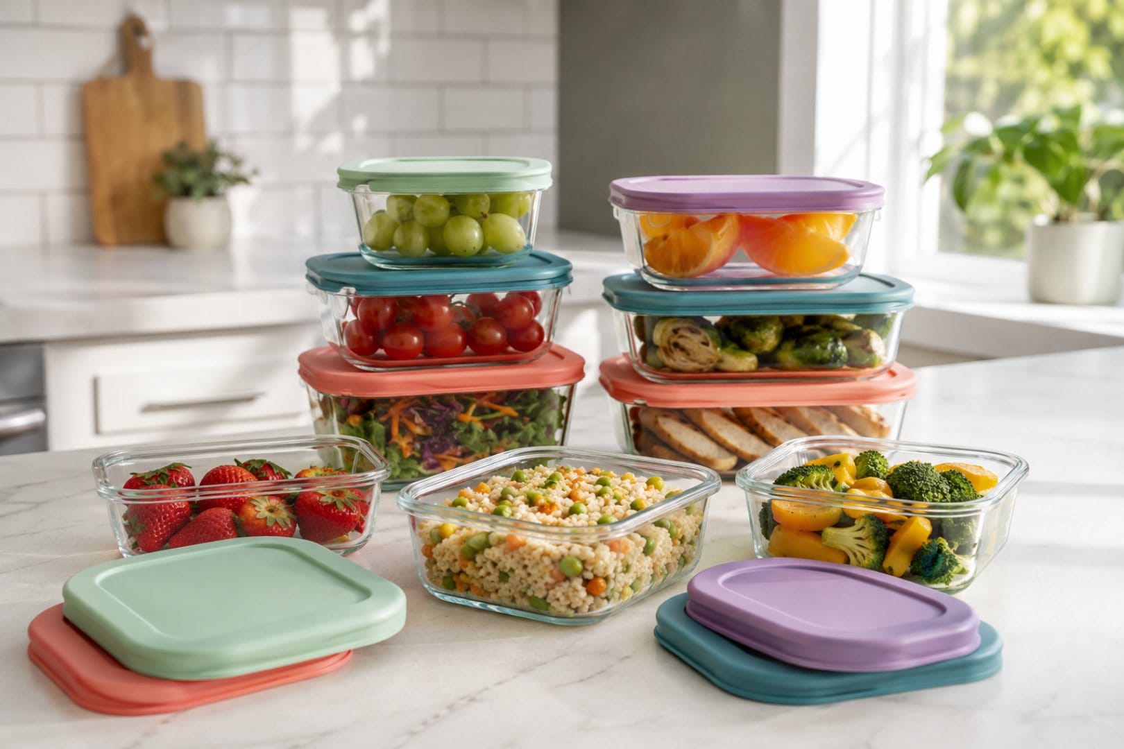 Ello Duraglass Refresh meal prep containers on a kitchen counter