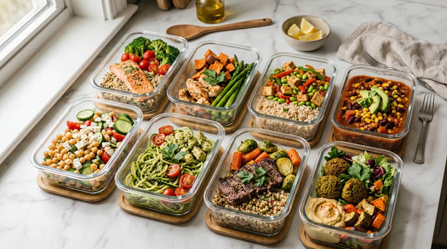 Neatly organized glass meal prep containers on a clean kitchen counter