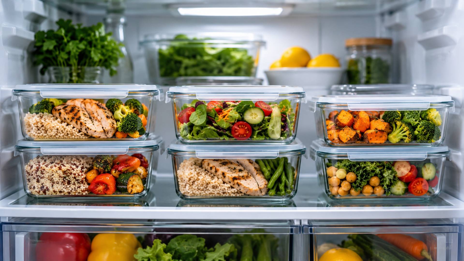 Meal prep containers stored in the fridge showing how long meal prep lasts