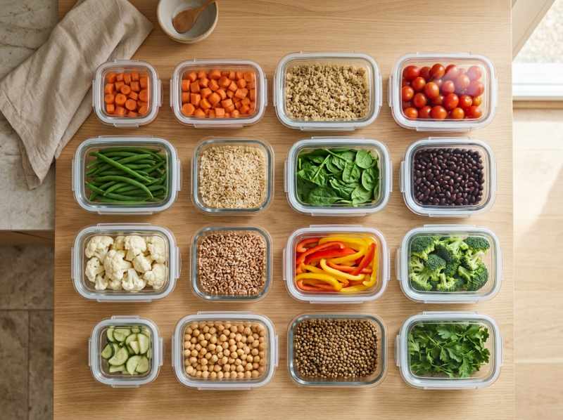 Glass meal prep containers filled with colorful healthy meals
