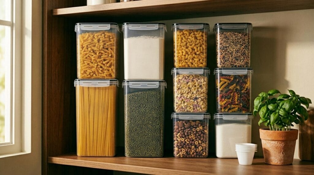 A fully organized pantry shelf with stackable airtight storage containers filled with flour, sugar, and grains