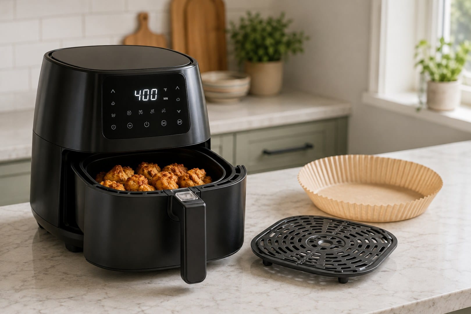 Black air fryer basket open showing crispy golden food with an accessory tray beside it