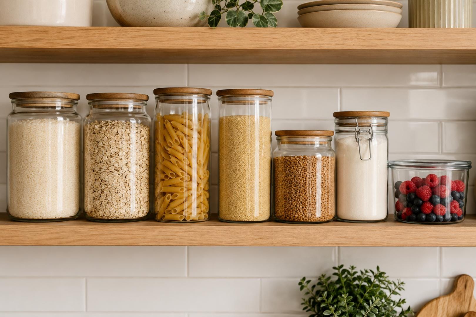 Glass jars and containers of pantry staples and fresh berries on a kitchen shelf
