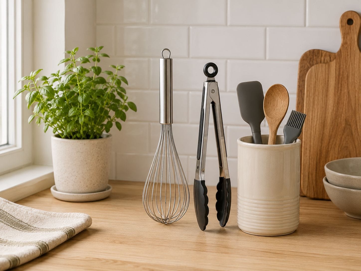 Small kitchen gadgets and tools arranged neatly on a light wood countertop