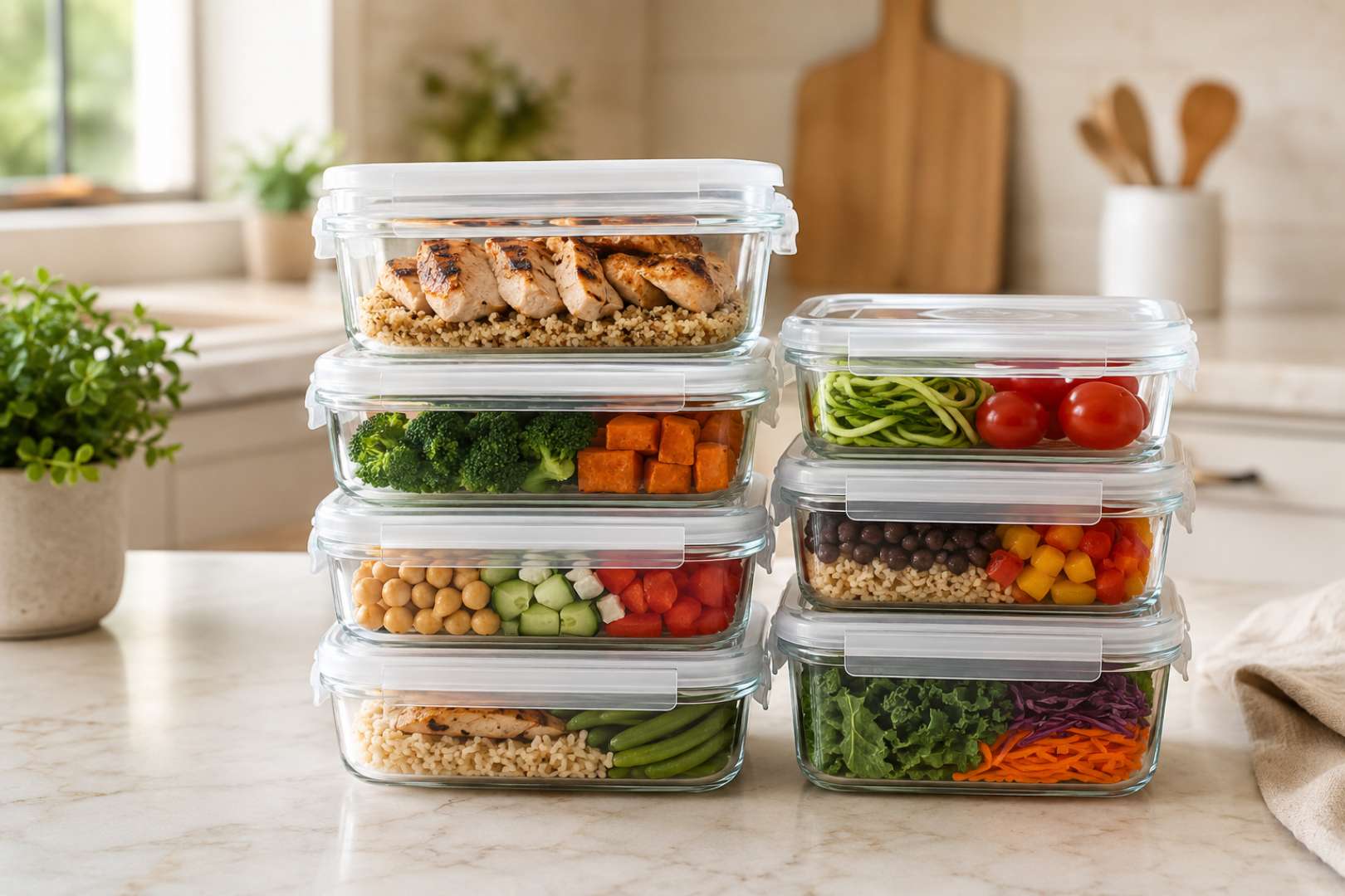 Stacked meal prep containers filled with grilled chicken, rice, and vegetables