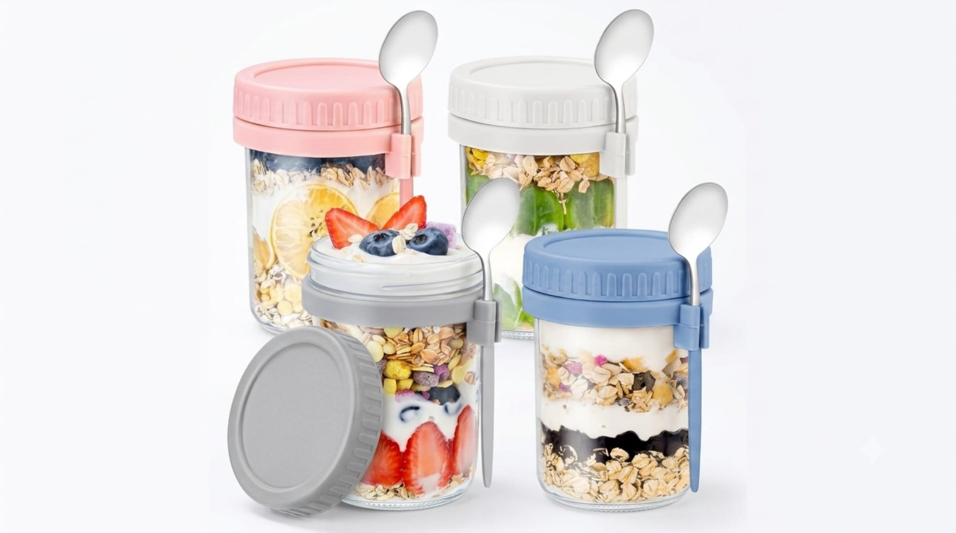 Four glass overnight oats containers with lids and attached spoons layered with oats, yogurt, and fruit