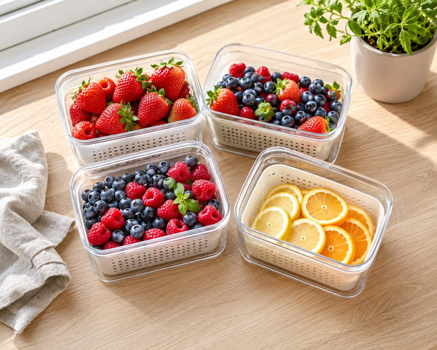 Clear fruit storage containers with colander inserts filled with fresh berries and citrus on a kitchen counter