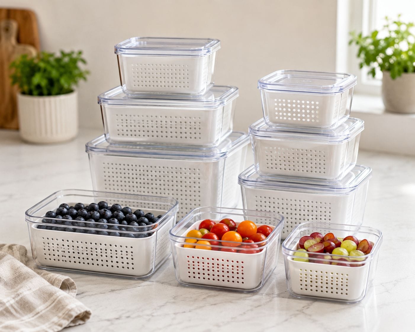 Stacked set of eight fruit storage containers in various sizes, some filled with fresh berries and produce