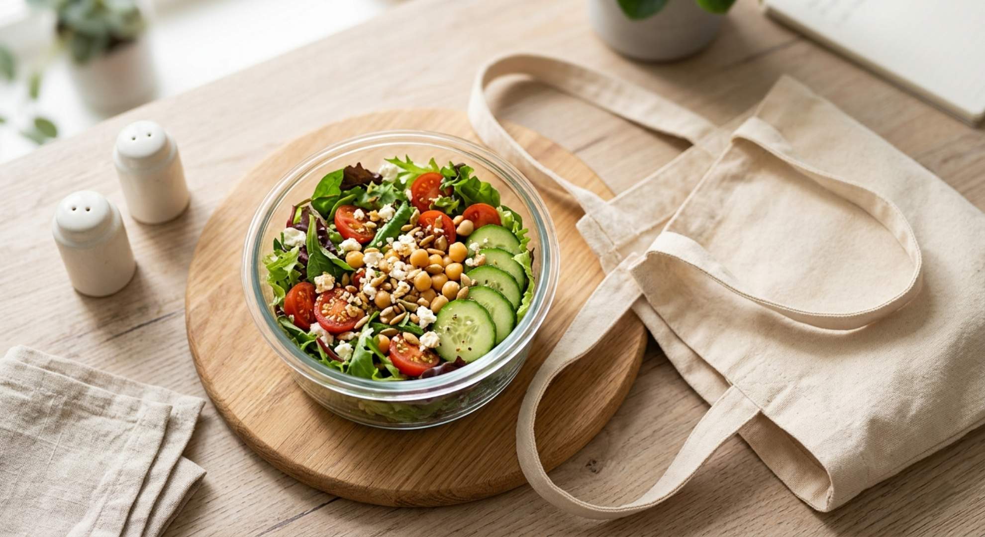 A glass meal prep container filled with a fresh salad packed for lunch