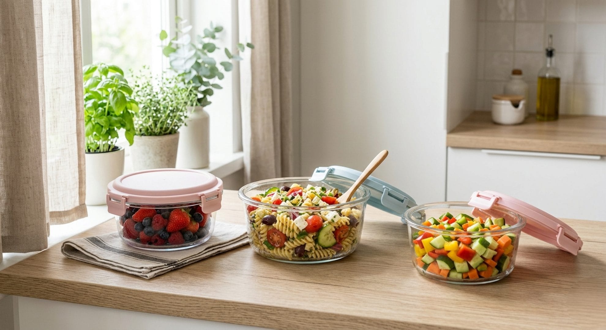 Glass meal prep containers with airtight lids filled with fresh vegetables on a kitchen counter