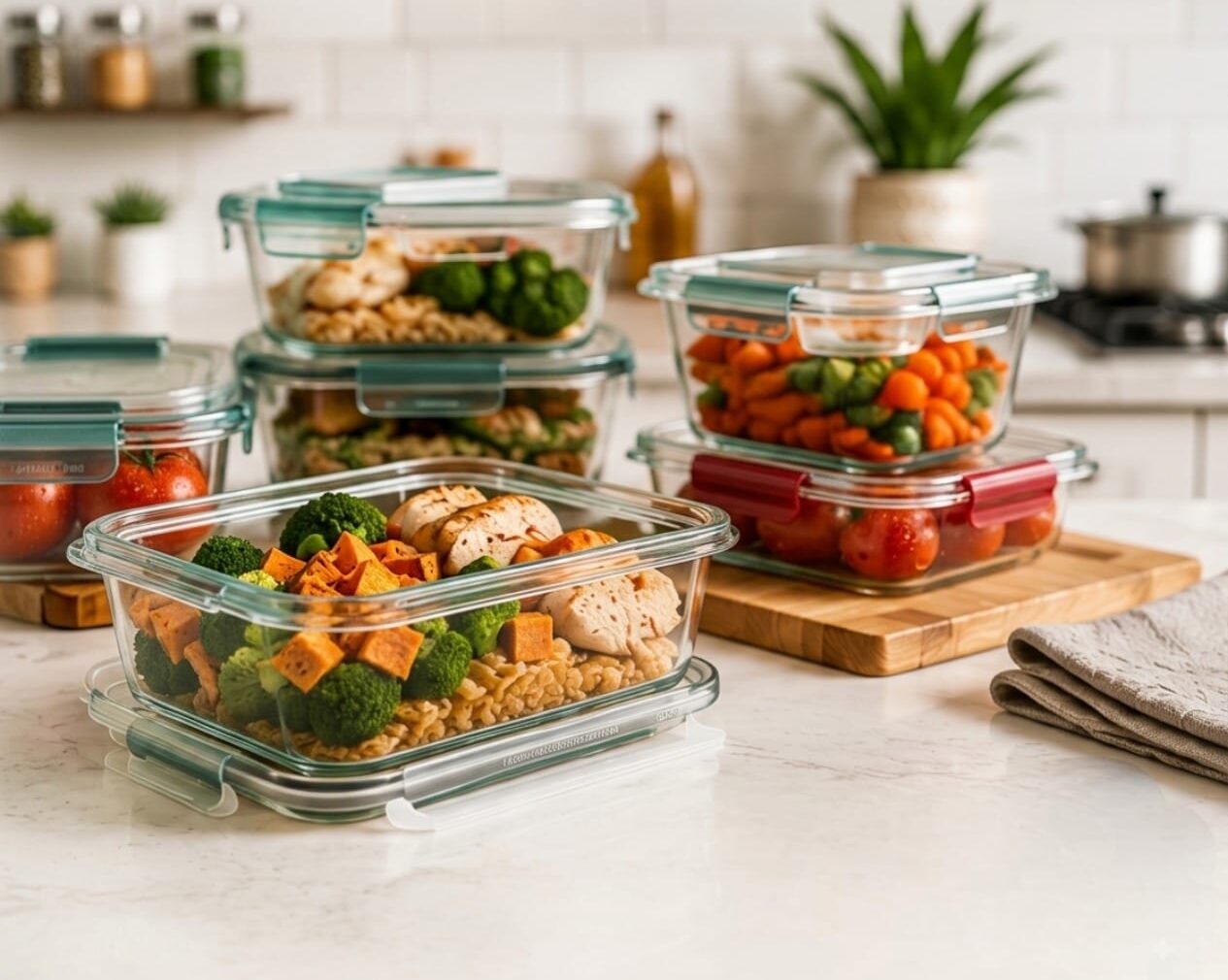 Kitchen product reviews — organized glass meal prep containers on a kitchen counter