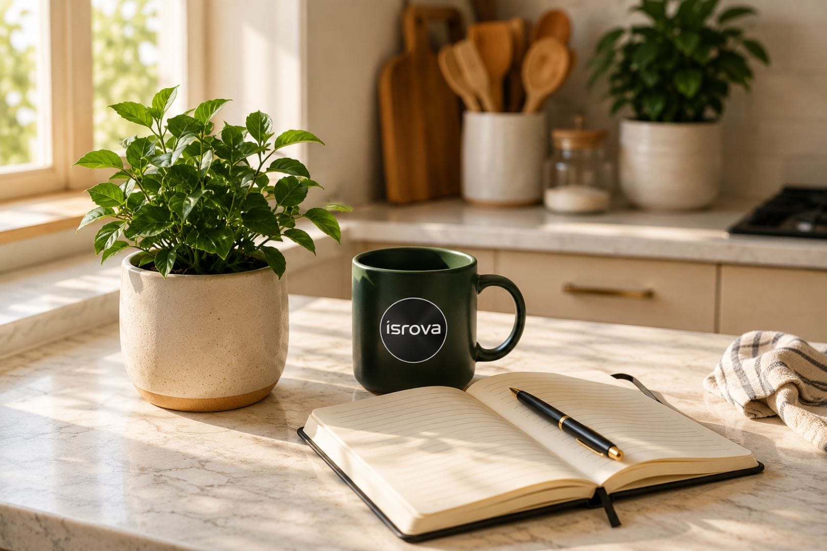 Notebook, pen, and a plant on a bright kitchen counter, ready for writing