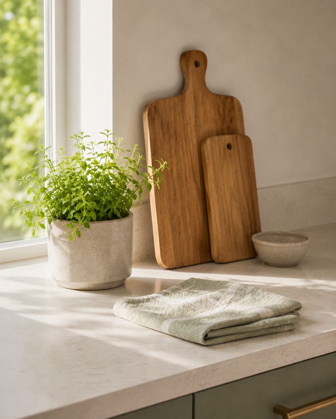 Bright kitchen workspace with a notebook and plant