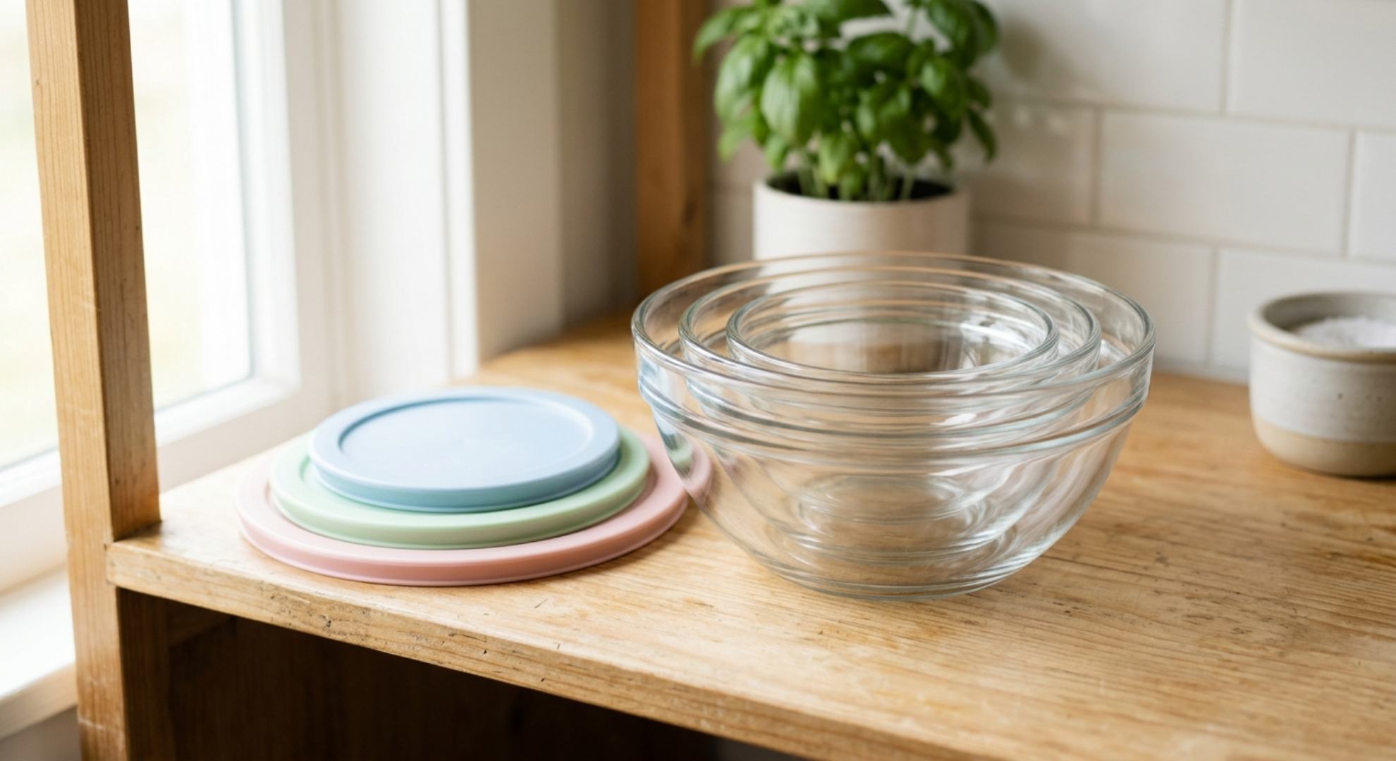 Round glass meal prep containers nested inside each other to save cabinet space
