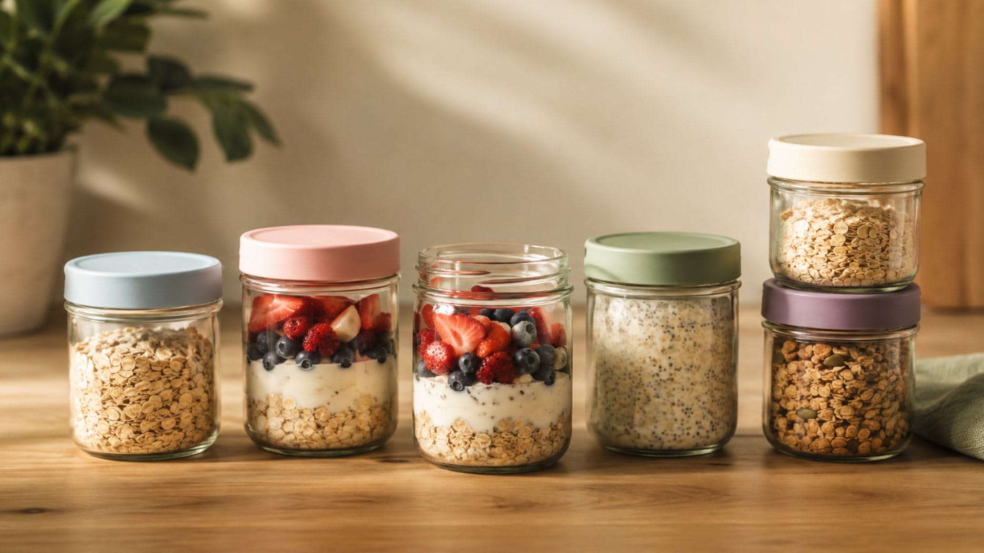 Six glass overnight oats containers with colorful lids arranged on a kitchen counter, some stacked and filled with oats and fresh fruit