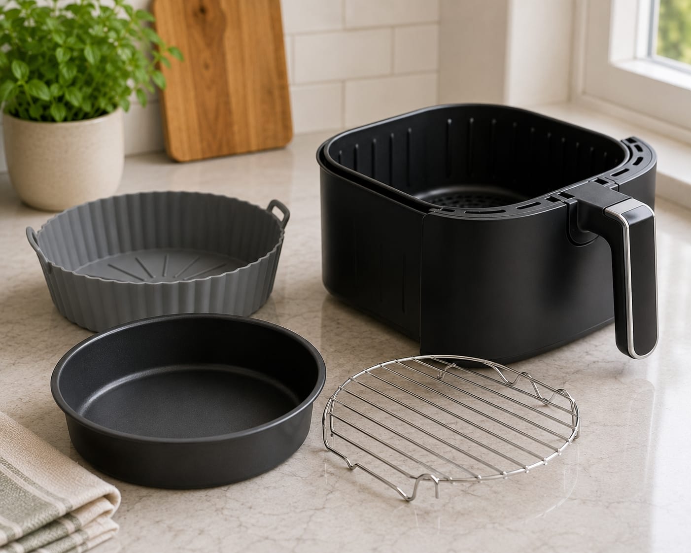 Assorted air fryer accessories including a silicone liner and rack insert next to a black air fryer basket
