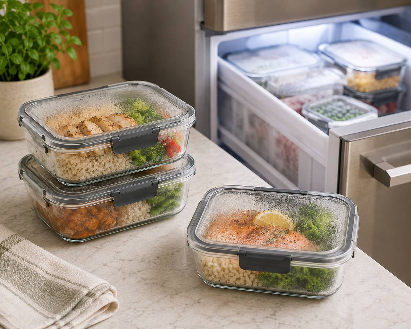 Meal prep containers filled with food and lightly frosted, near an open freezer drawer
