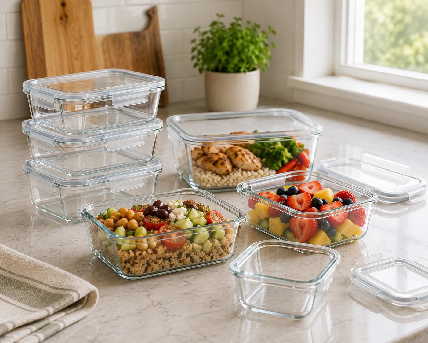 Clear borosilicate glass meal prep containers stacked on a kitchen counter
