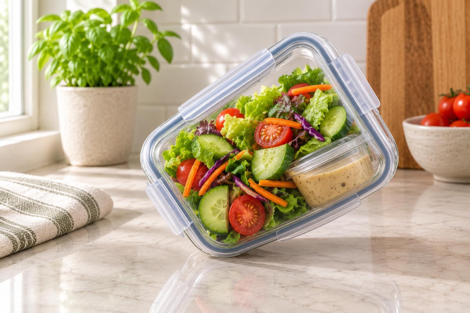 A meal prep container tilted on its side showing a sealed leak-proof lid with no spillage