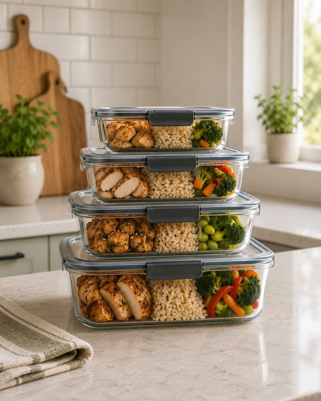 Stack of matching meal prep containers filled with a balanced meal of protein, rice, and vegetables