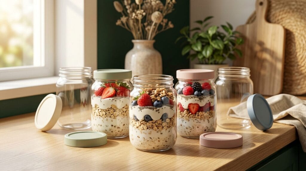 Overnight oats containers with clear glass jars, pastel lids, fresh berries, yogurt, and granola arranged on a warm wooden kitchen counter.