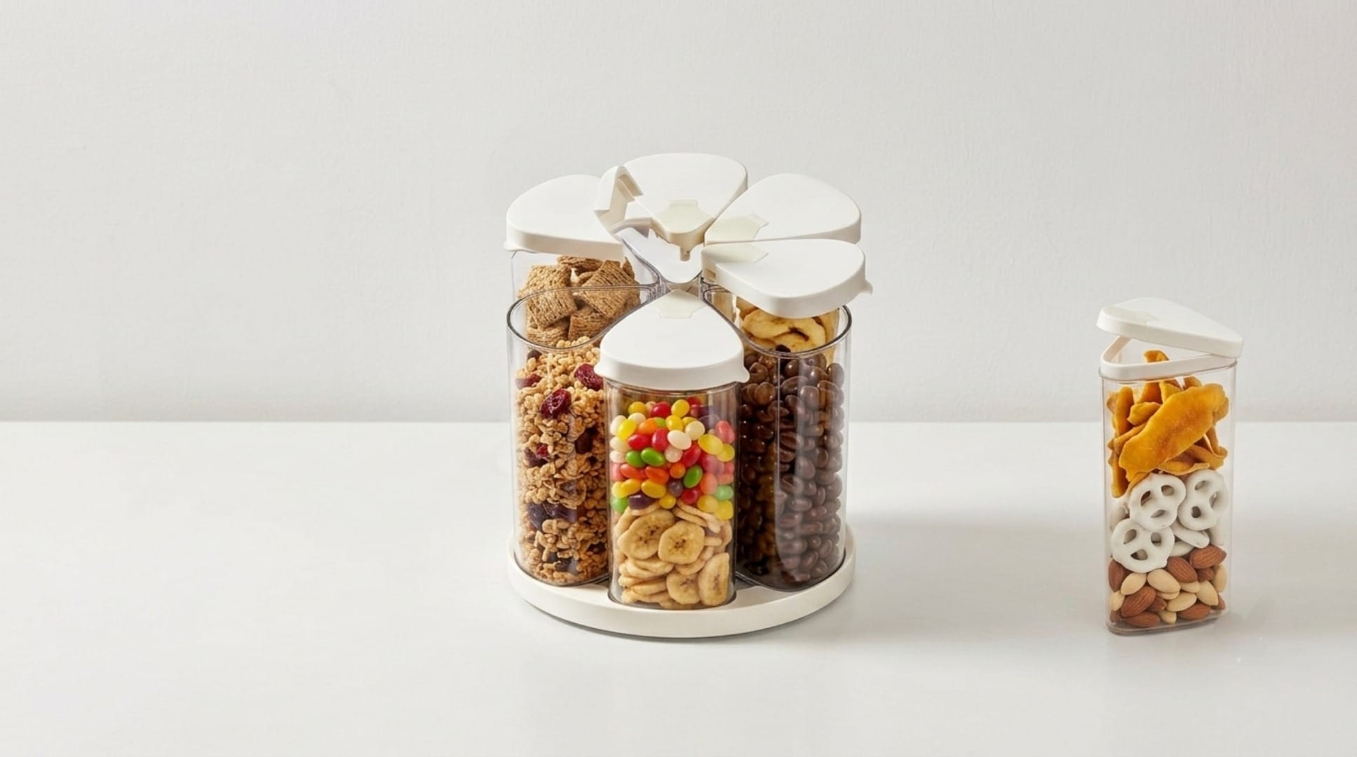 Rotating food storage containers arranged in a lazy susan pantry organizer on a kitchen counter