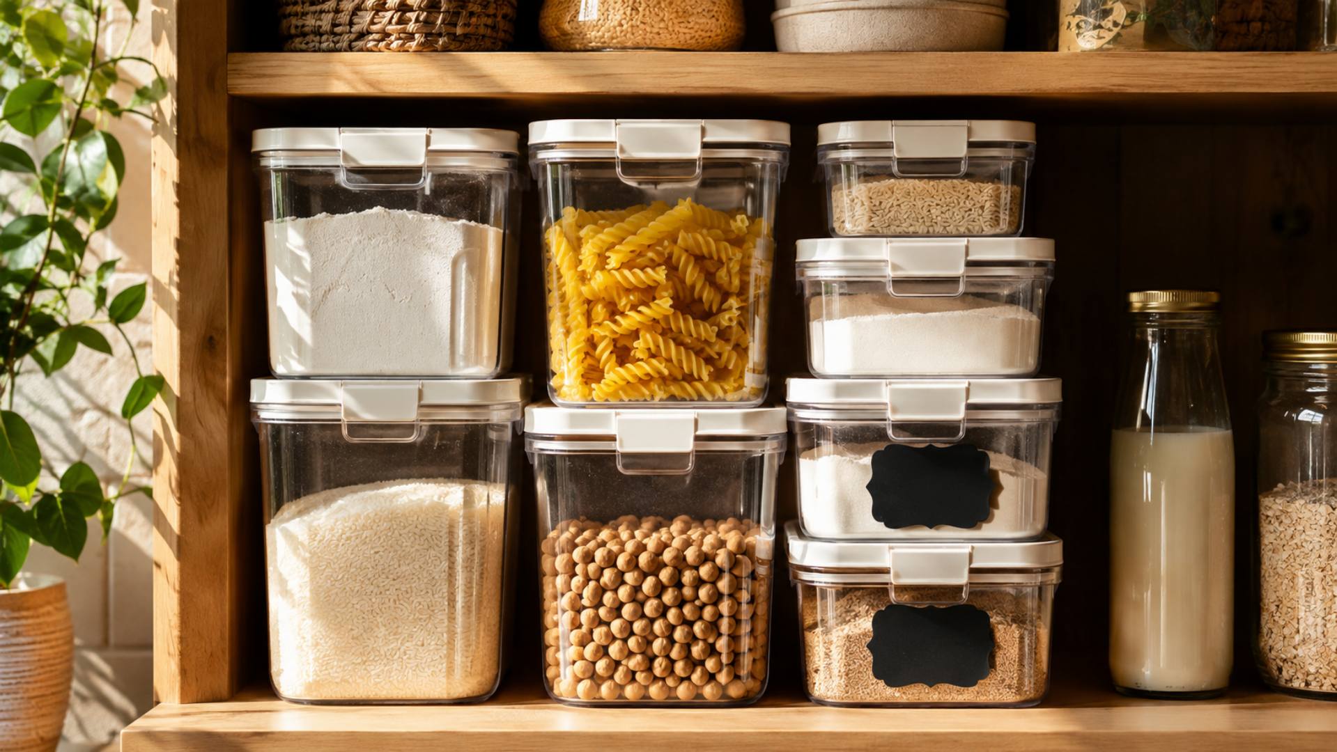 Stackable airtight pantry storage containers filled with flour, sugar, and pasta on a wood shelf